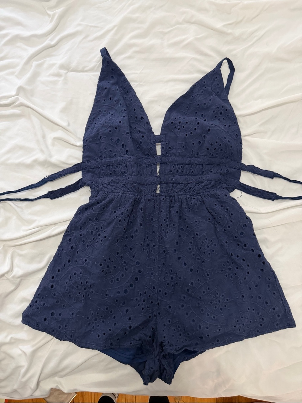 Ash Navy Eyelet Cutout Romper with Side Ties